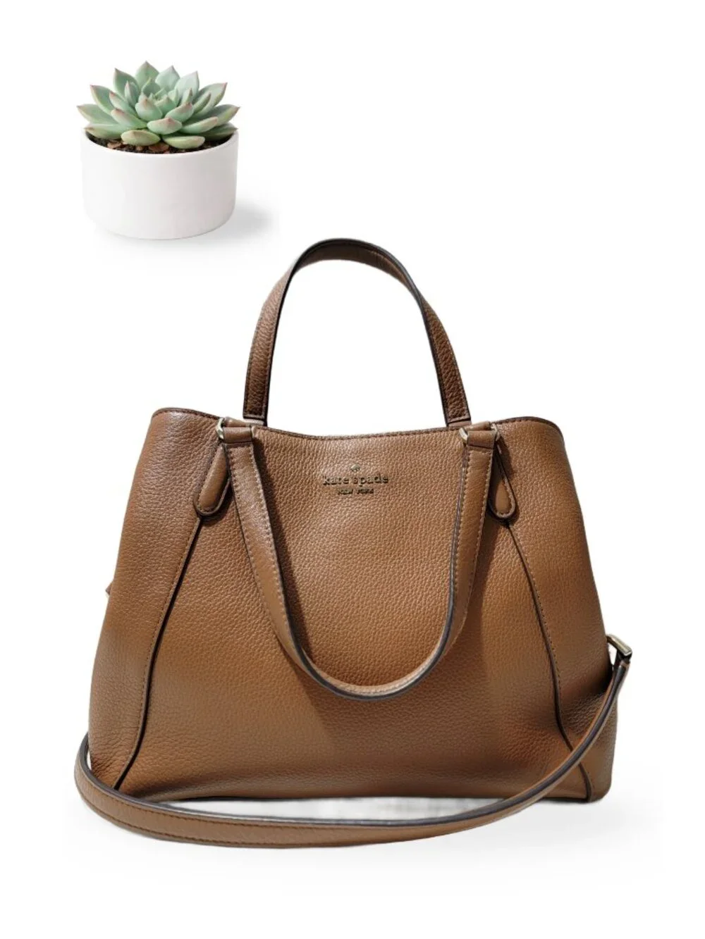 Kate Spade Eva Brown Pebbled Leather Satchel Crossbody Bag Two-Way Tote Purse
